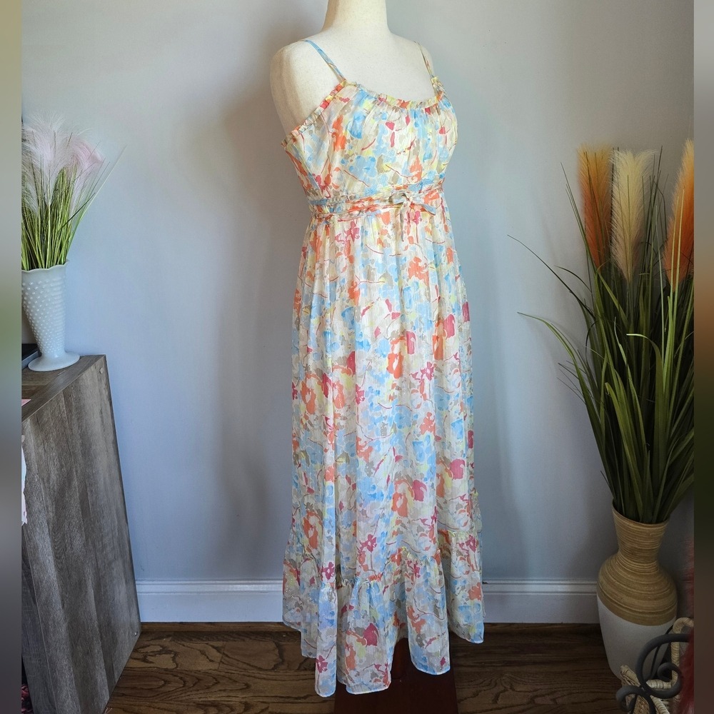 LIKELY NEW Raffy Ivory Pastel Floral Ruffle Tie Waist Maxi Dress SZ 12 Coquette - Picture 5 of 11